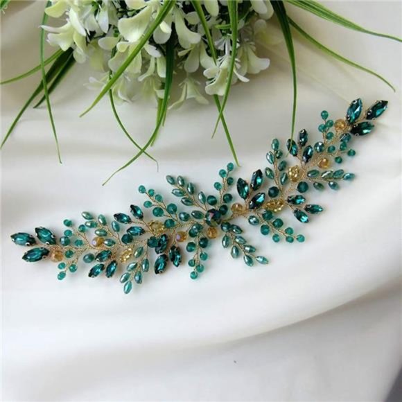 Denifery Emerald Wedding Hair Piece Green Hair Vine Bridal Gold Jewelry Headpiec